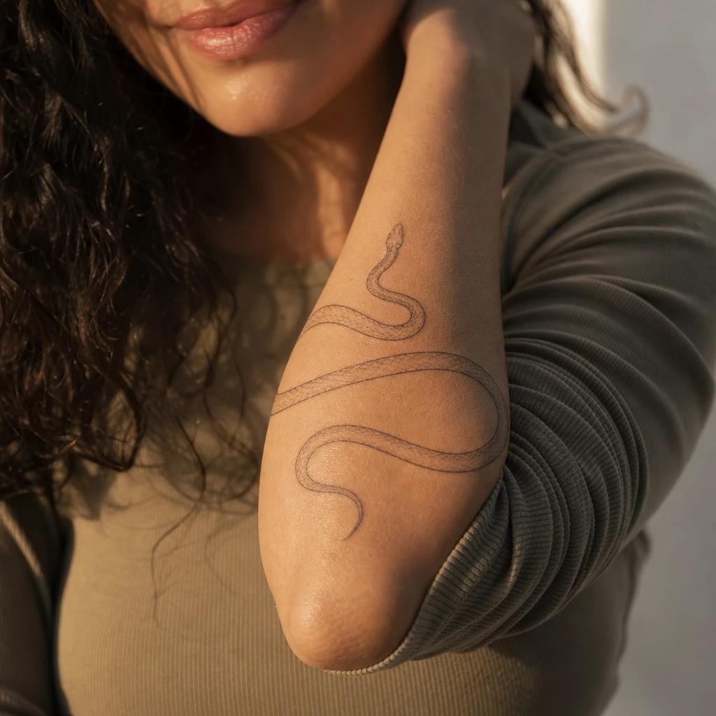 snake tattoo undulating fine-line snake, realistic photo on skin