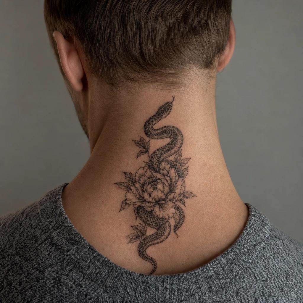 snake tattoo japanese snake and peony, realistic photo on skin