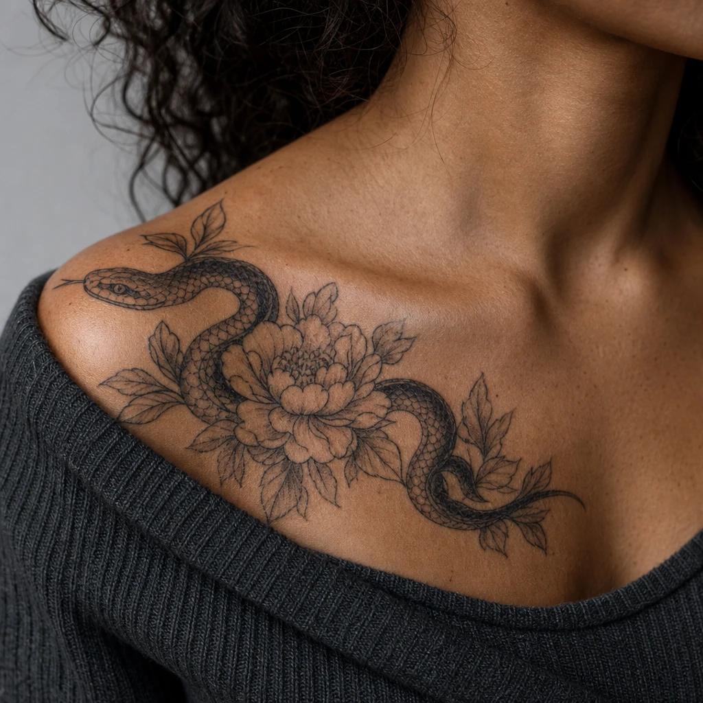 snake tattoo japanese snake and peony, realistic photo on skin