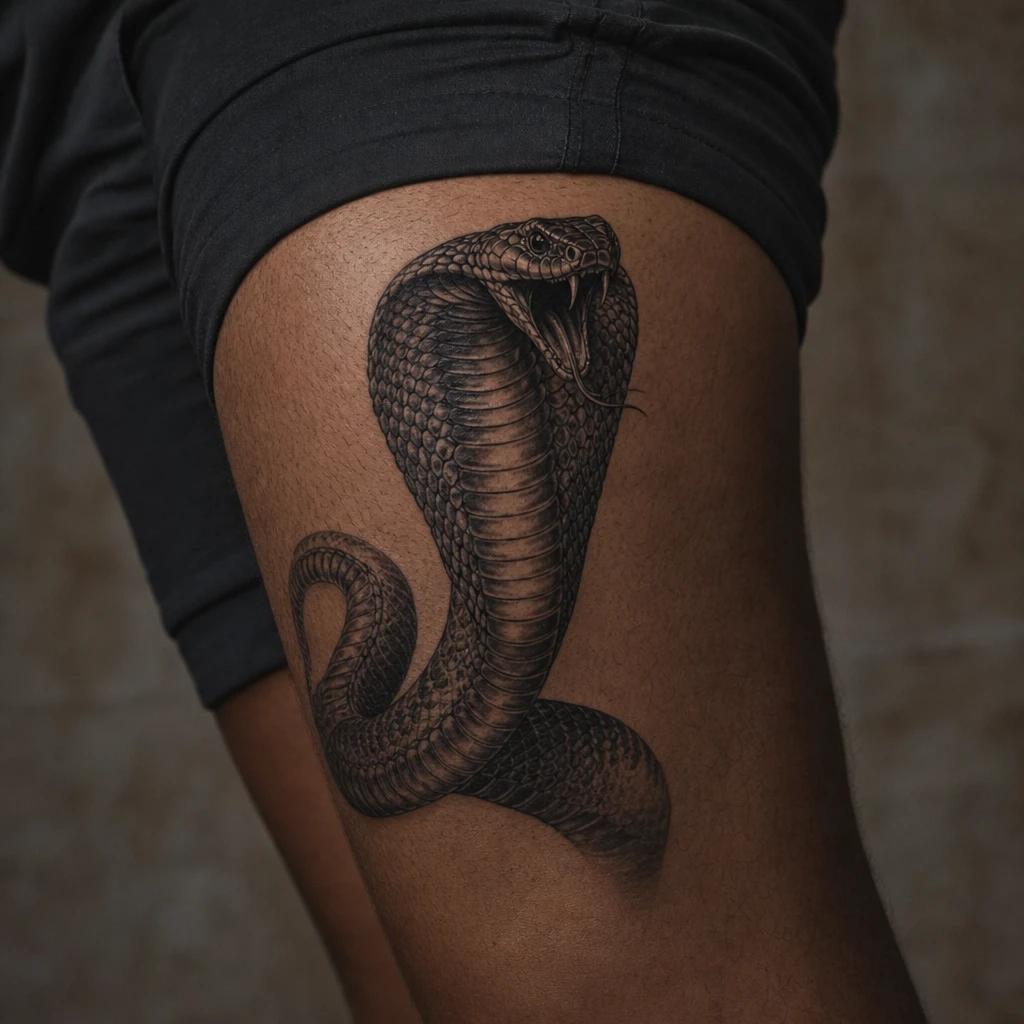 snake tattoo menacing realistic cobra, realistic photo on skin