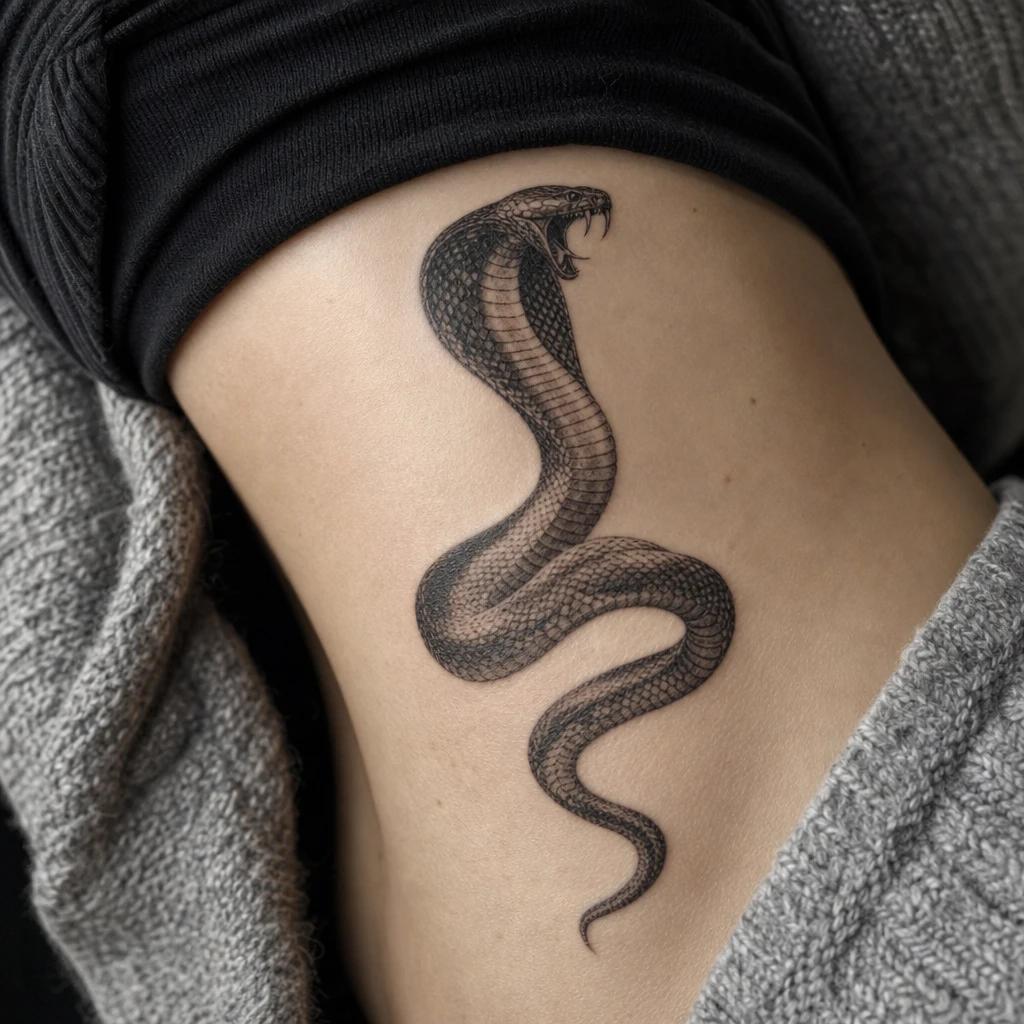snake tattoo menacing realistic cobra, realistic photo on skin