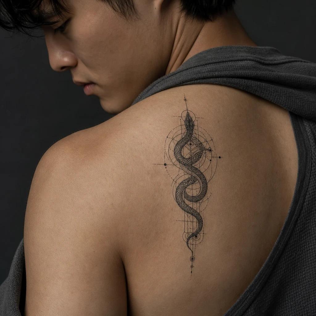 snake tattoo sacred geometric snake, realistic photo on skin
