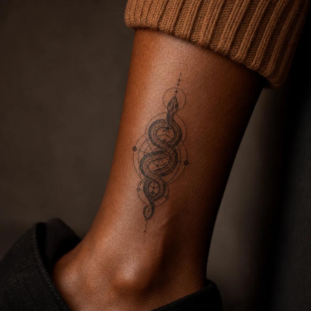 snake tattoo sacred geometric snake, realistic photo on skin