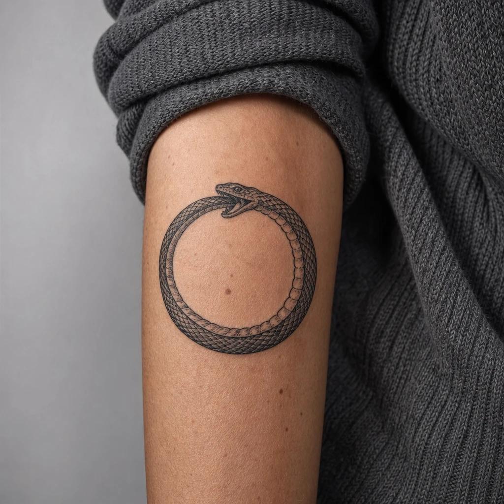 snake tattoo eternal ouroboros, realistic photo on skin