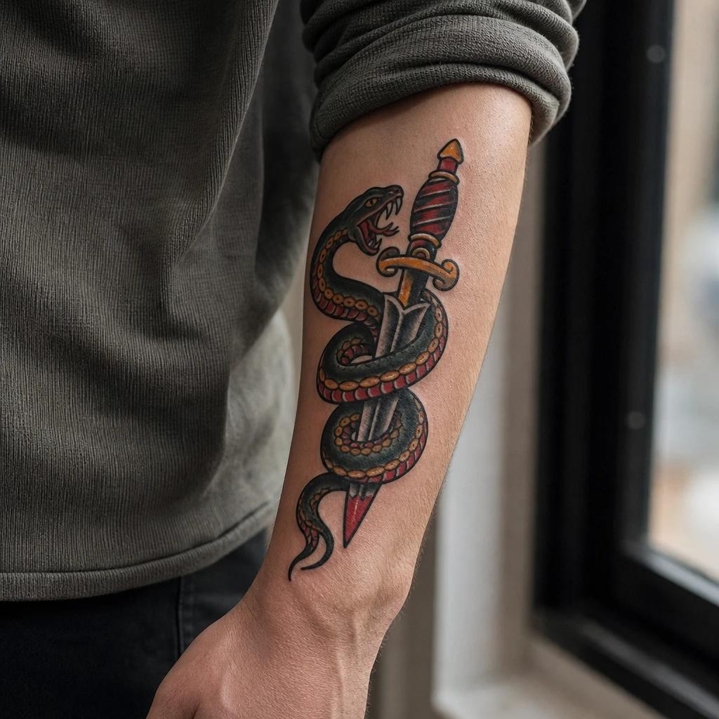 snake tattoo old-school snake and dagger, realistic photo on skin