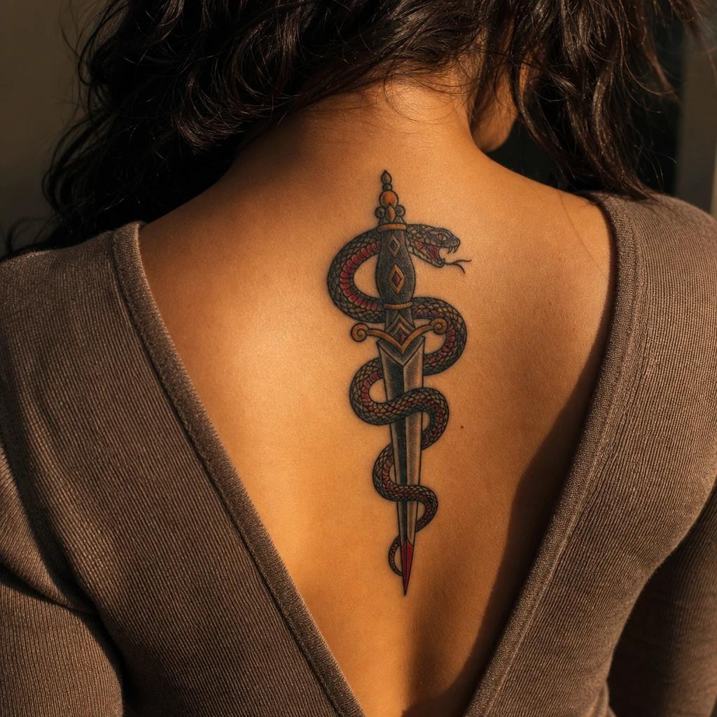 snake tattoo old-school snake and dagger, realistic photo on skin