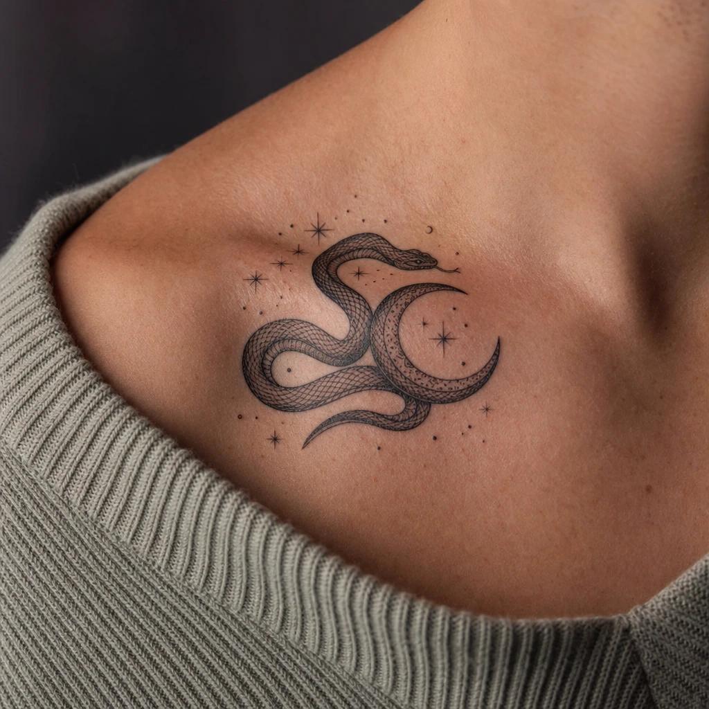 snake tattoo mystical snake and moon, realistic photo on skin