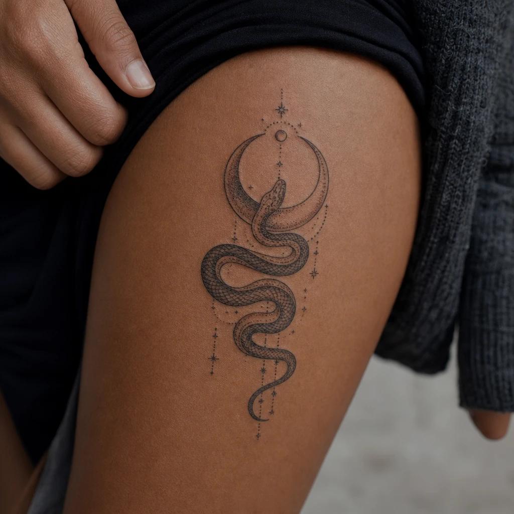 snake tattoo mystical snake and moon, realistic photo on skin