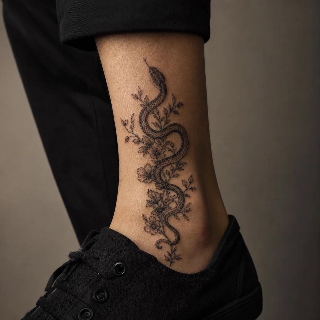 snake tattoo ornamental floral snake, realistic photo on skin