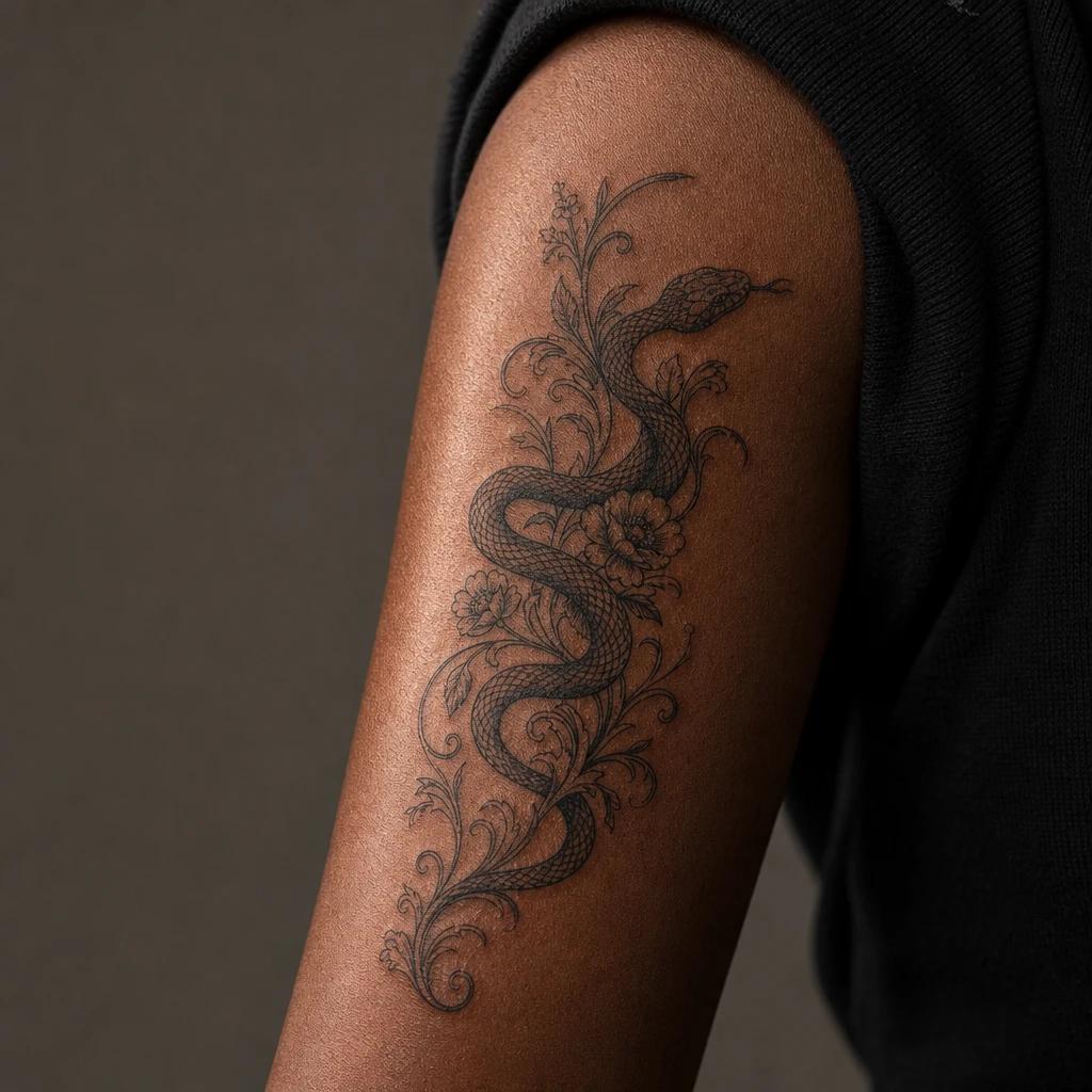 snake tattoo ornamental floral snake, realistic photo on skin