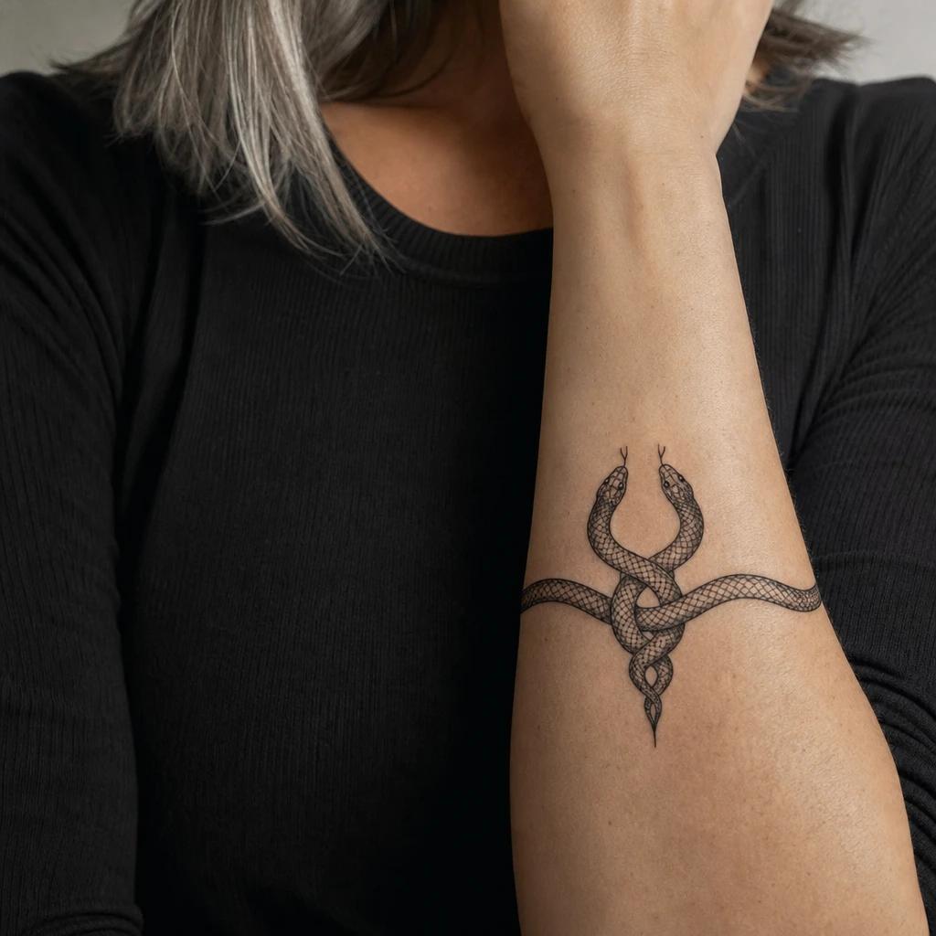snake tattoo symmetrical double snake, realistic photo on skin