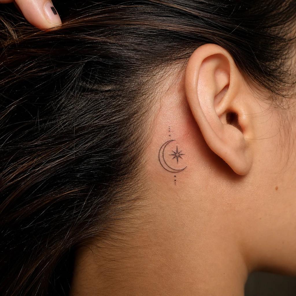 star tattoo star and crescent moon, realistic photo on skin