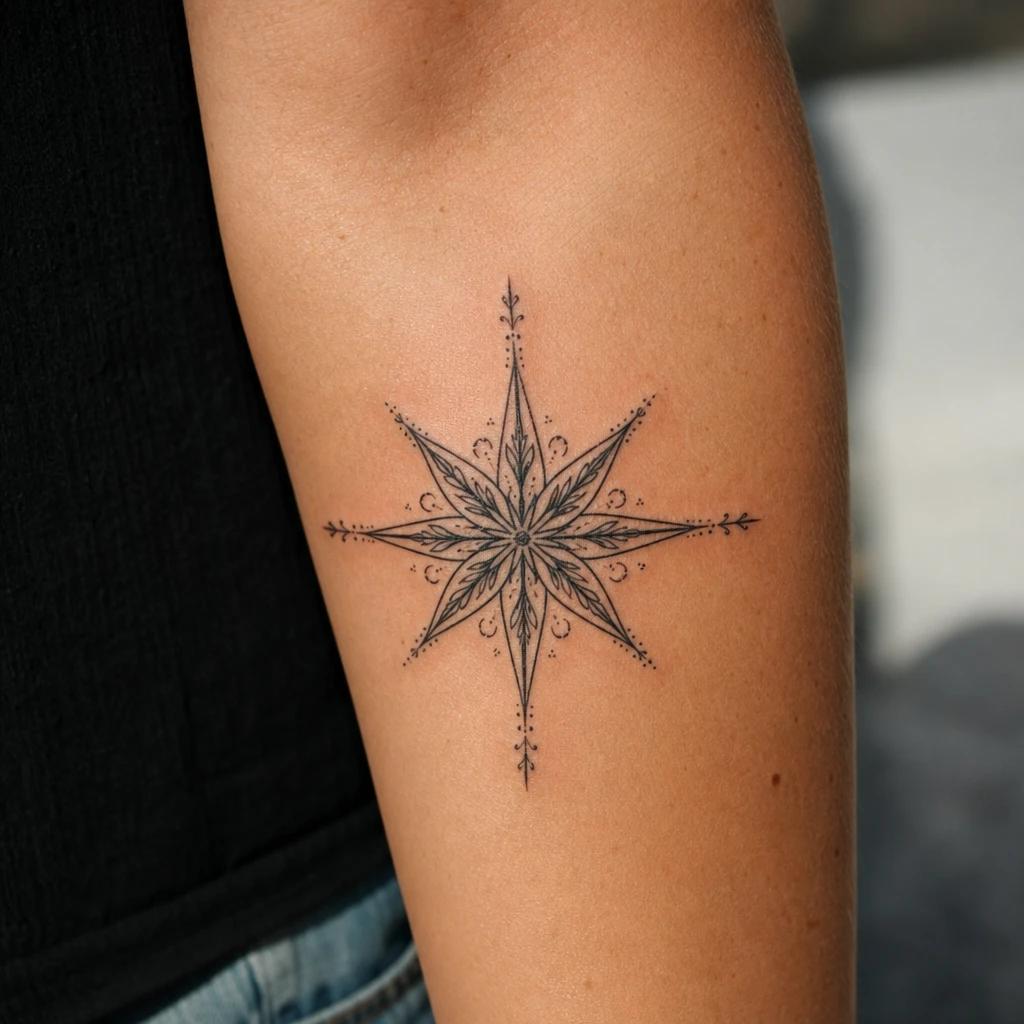 star tattoo ornamental eight-pointed star, realistic photo on skin