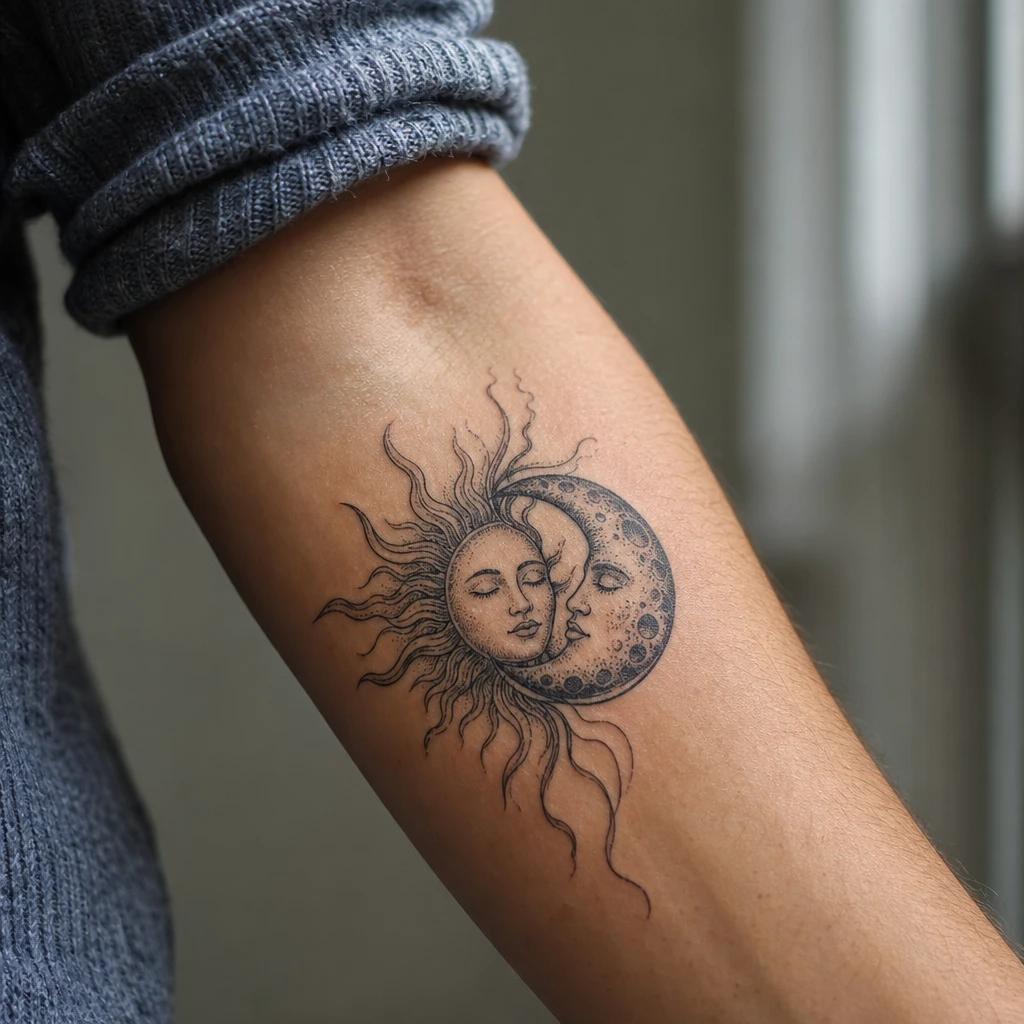 sun and moon tattoo intertwined sun and moon, realistic photo on skin