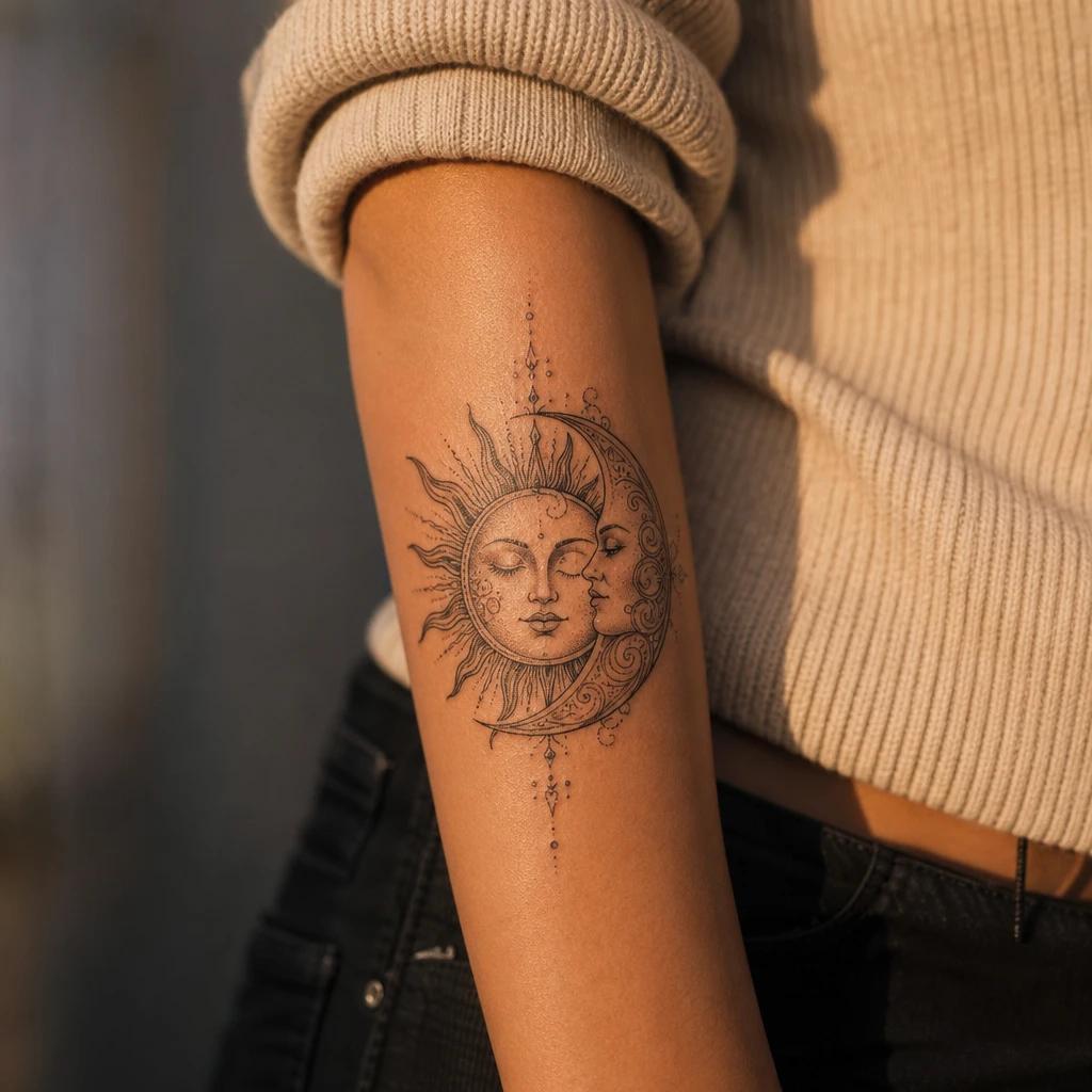 sun and moon tattoo intertwined sun and moon, realistic photo on skin
