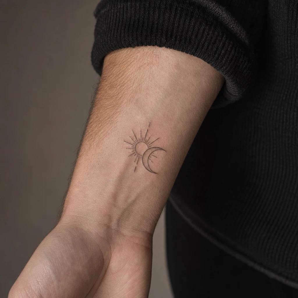 sun and moon tattoo minimalist fine line duo, realistic photo on skin