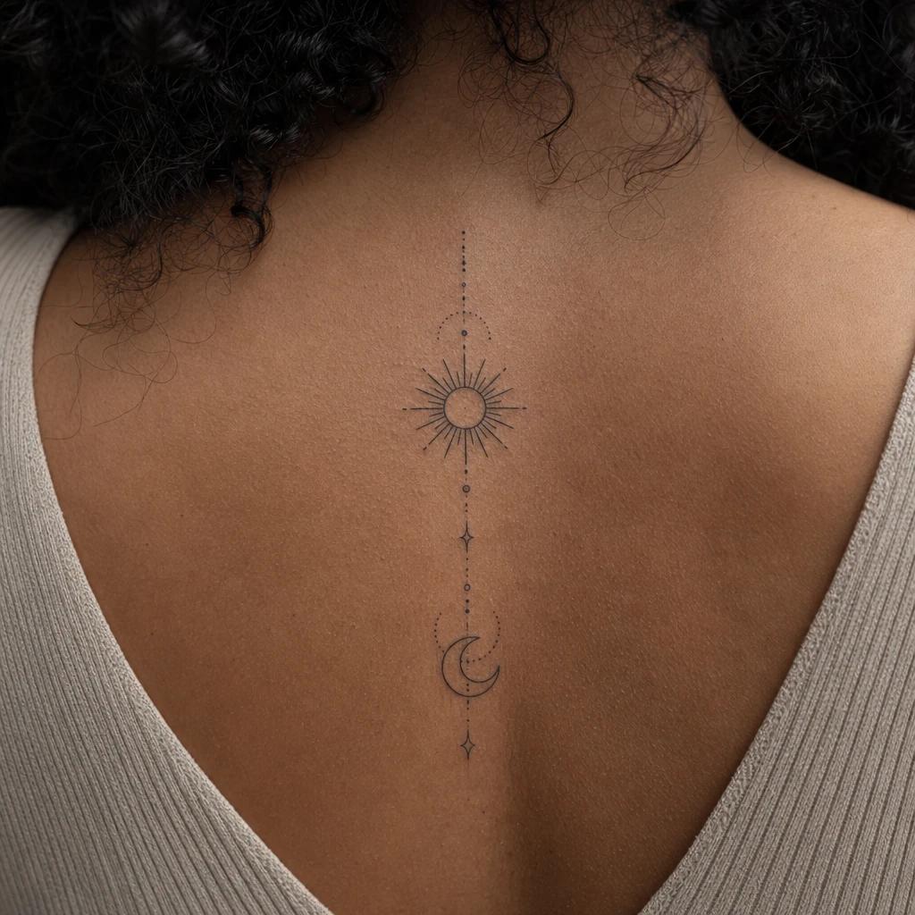 sun and moon tattoo minimalist fine line duo, realistic photo on skin