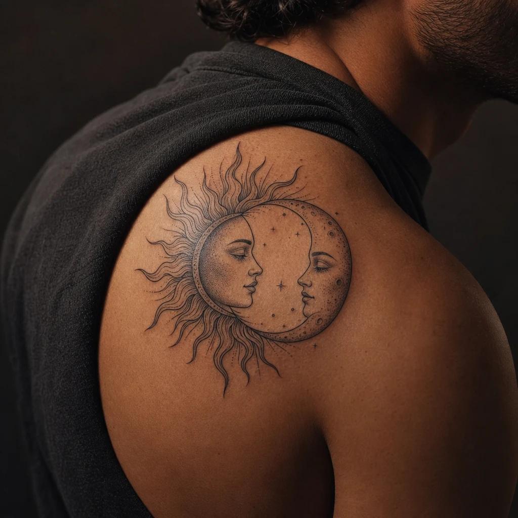 sun and moon tattoo solar and lunar profiles, realistic photo on skin