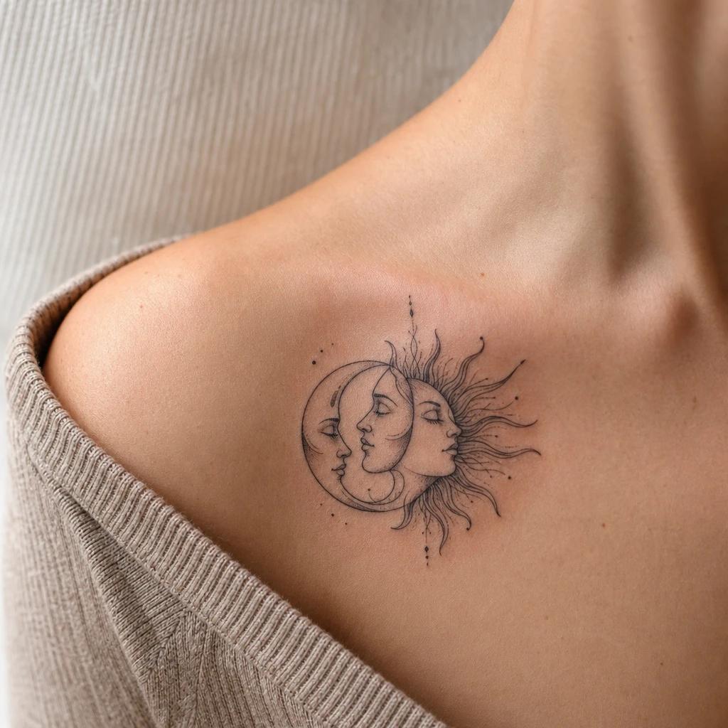 sun and moon tattoo solar and lunar profiles, realistic photo on skin