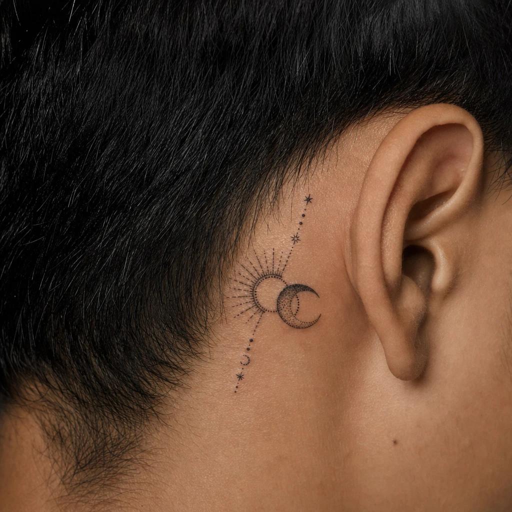 sun and moon tattoo celestial dotwork gradient, realistic photo on skin
