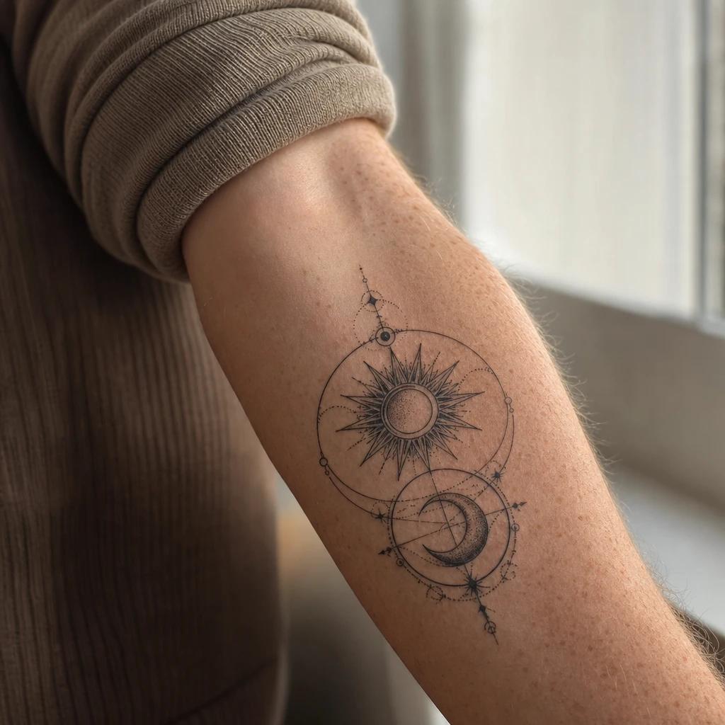 sun and moon tattoo alchemical circle, realistic photo on skin