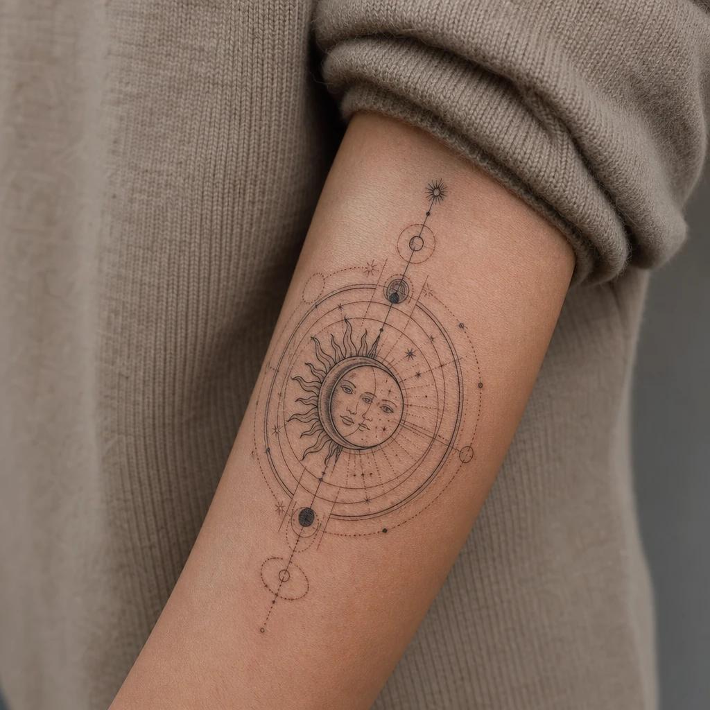 sun and moon tattoo alchemical circle, realistic photo on skin