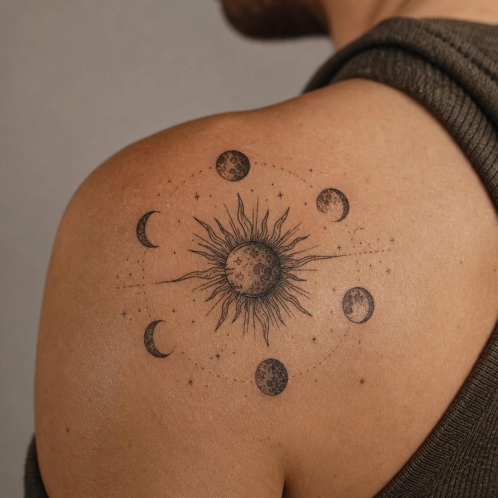 sun and moon tattoo moon phases and sun, realistic photo on skin
