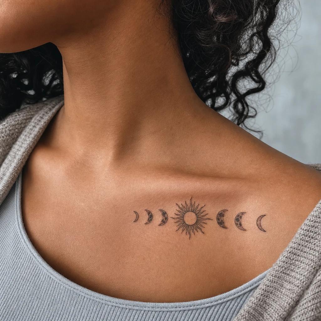 sun and moon tattoo moon phases and sun, realistic photo on skin