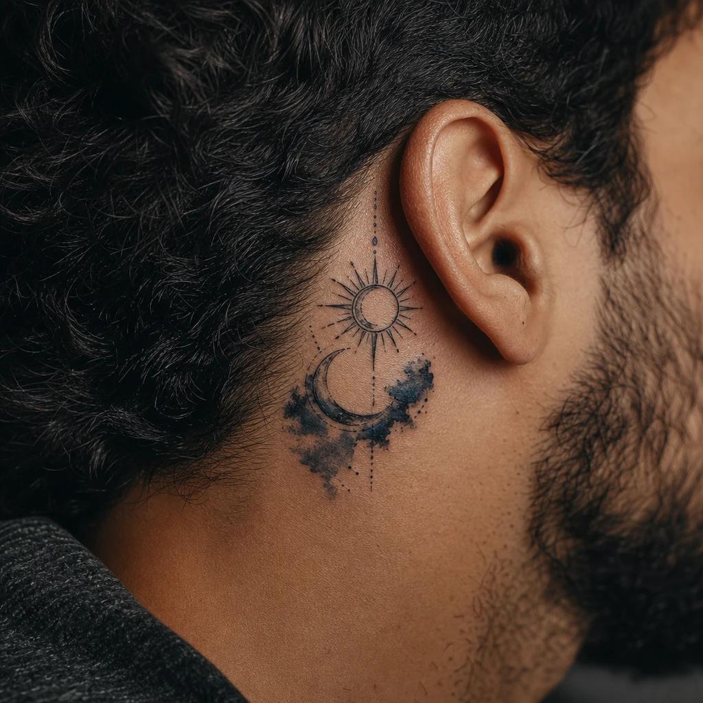 sun and moon tattoo night-blue watercolor, realistic photo on skin