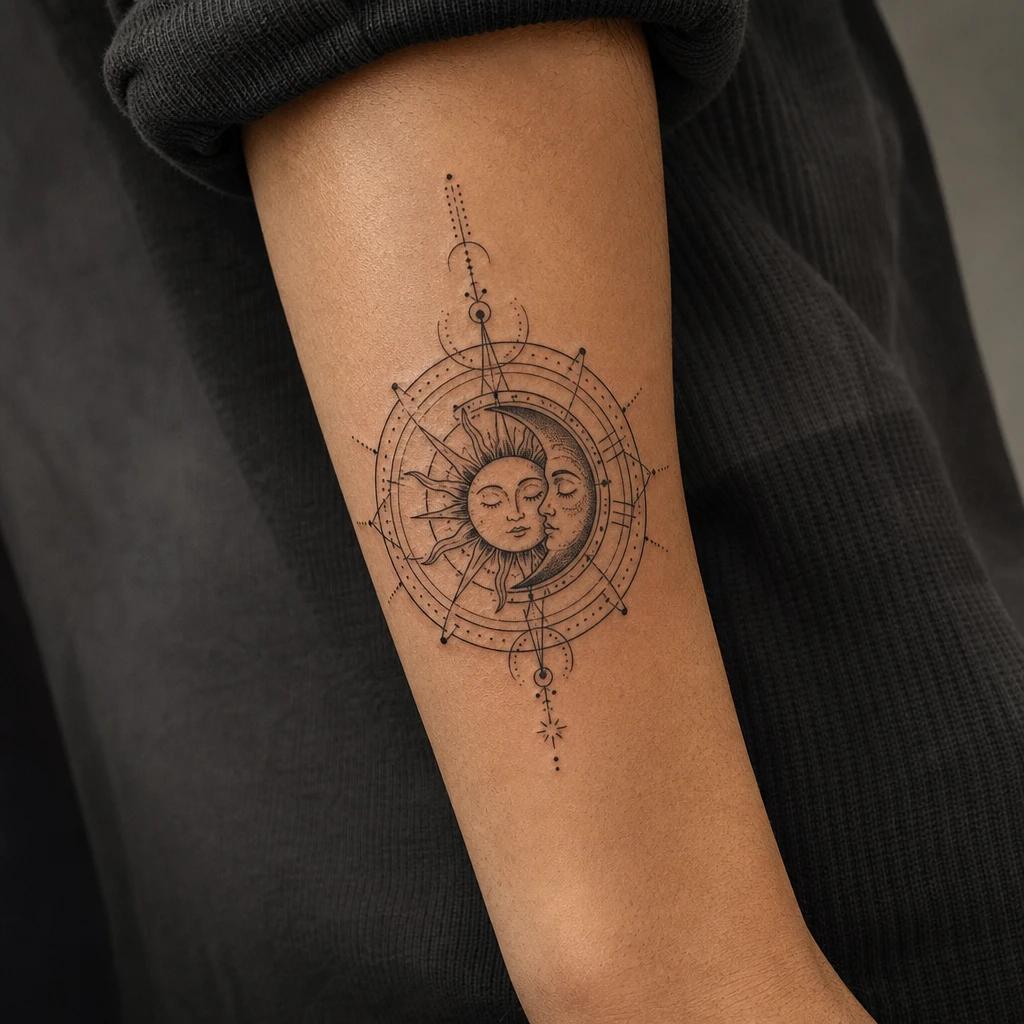 sun and moon tattoo solar and lunar mandala, realistic photo on skin