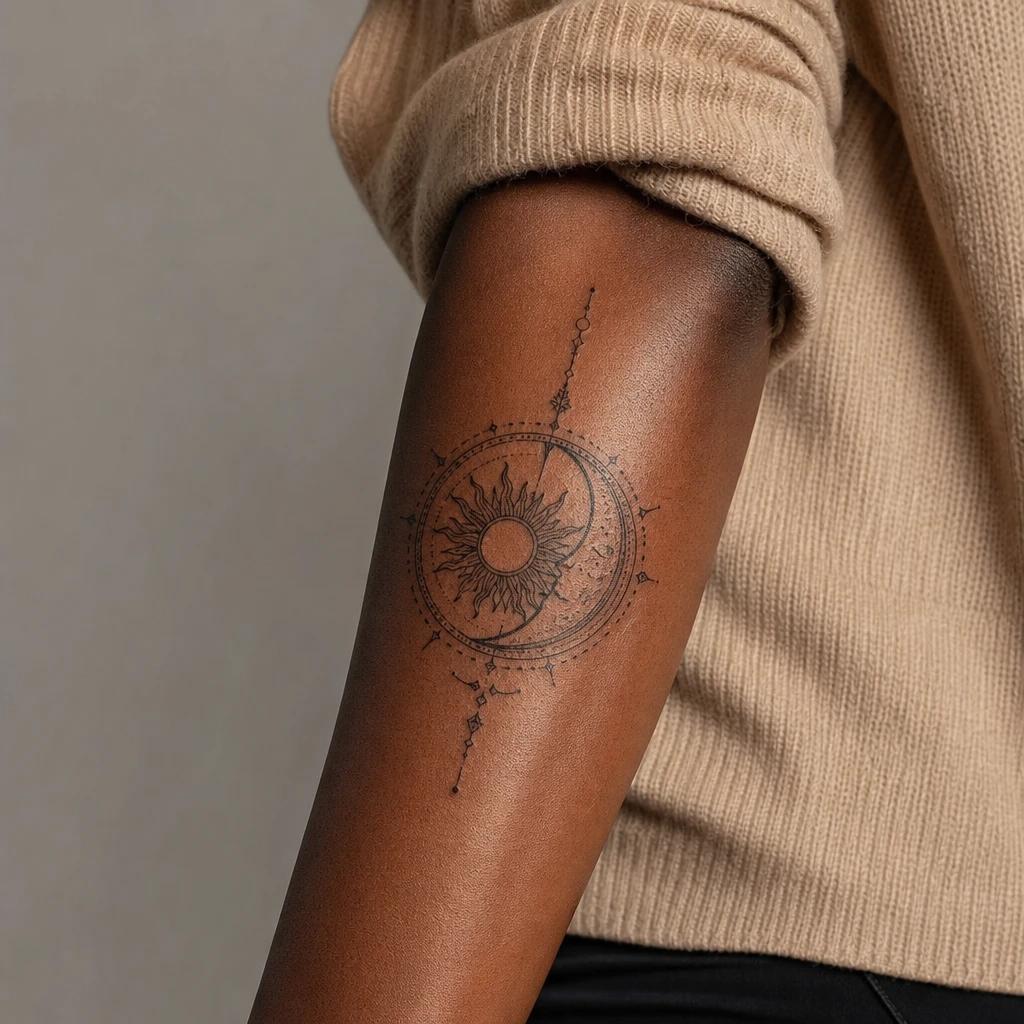 sun and moon tattoo solar and lunar mandala, realistic photo on skin