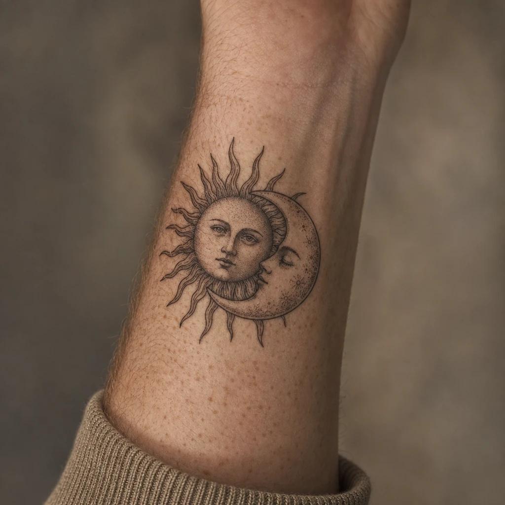 sun and moon tattoo antique engraving style, realistic photo on skin