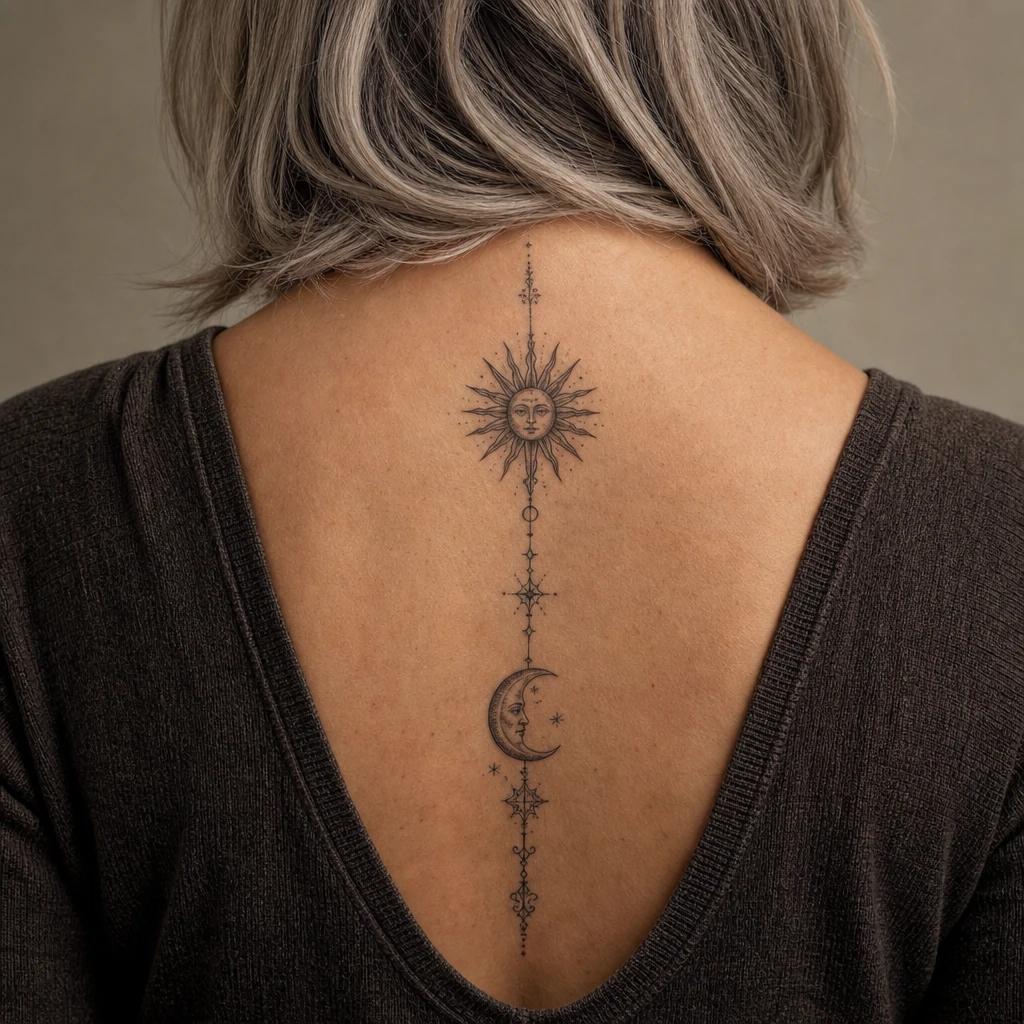 sun and moon tattoo antique engraving style, realistic photo on skin