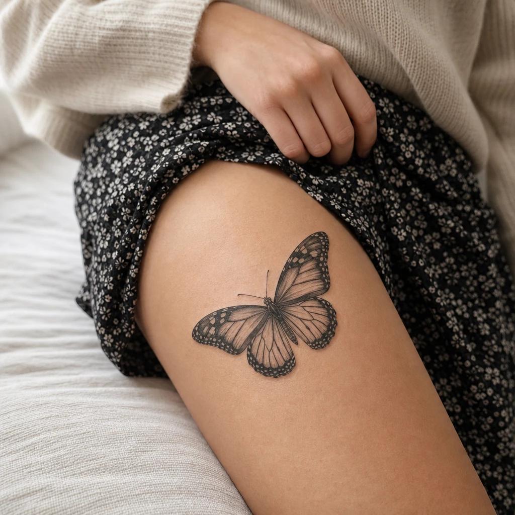 women's thigh tattoo realistic butterfly, realistic photo on skin